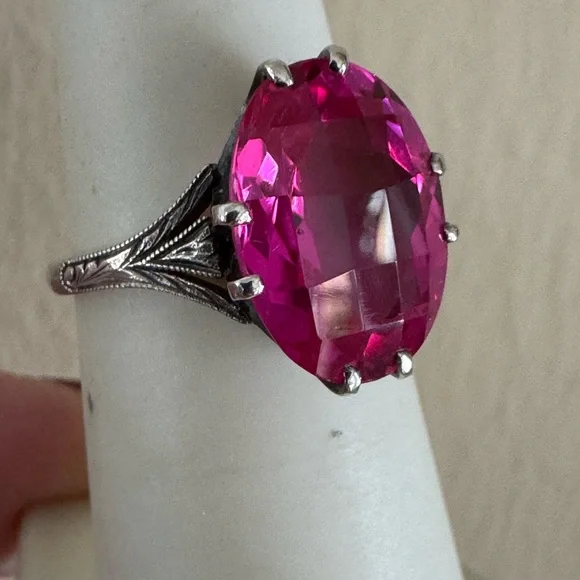 Art Deco 8 Carat Pink Sapphire Sterling Checkerboard Cut Ring - Picture 9 of 13